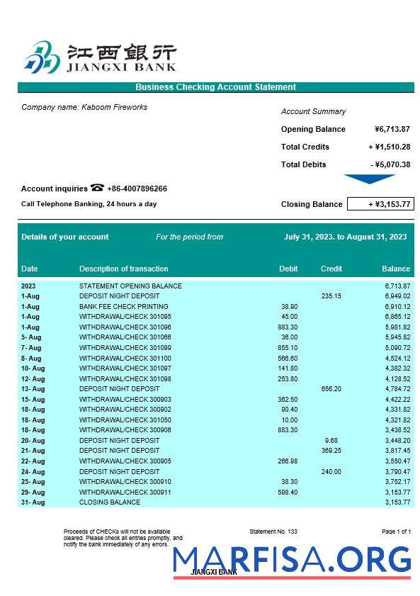 Realistic Jiangxi Bank business checking account statement Word and PDF template